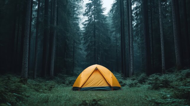 An orange tent pitched in a dense, dark forest during evening time, highlighting the solitude and tranquility of camping deep in the wilderness, surrounded by tall trees.