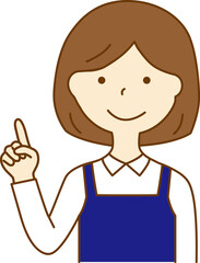 指を指すエプロンをつけた女性