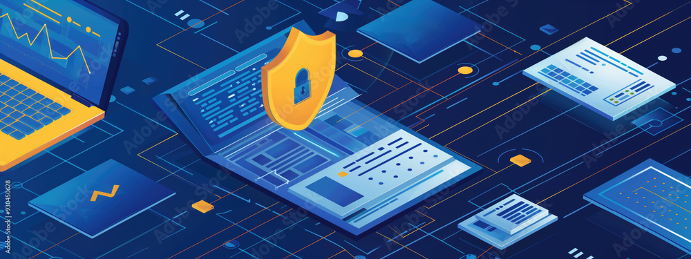 Aufkleber digital illustration of cybersecurity shield protecting data on a laptop amidst tech graphics. conce
