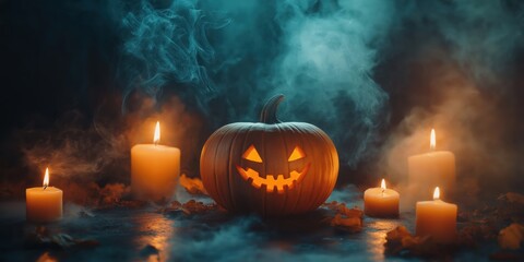 Spooky Halloween Pumpkin with Candles created by ai