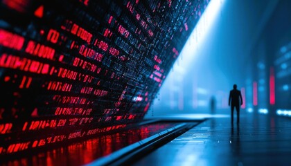 Obraz premium A futuristic scene featuring a silhouette against glowing data structures, evoking themes of technology and innovation.