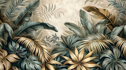 Tropical escape seamless wallpaper design, with hand-drawn vintage illustrations of palm leaves, monstera, and banana plants, deep green color palette, natural boho backdrop, intricate details,