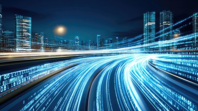 A highway illuminated by glowing lines represents data flow as vehicles travel through a smart city, demonstrating the integration of technology and transportation