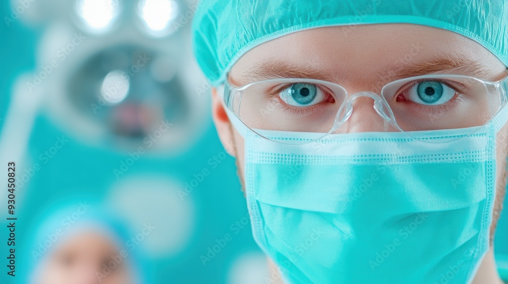 Canvas Prints A man in surgical scrubs with a blue eye mask and glasses, AI