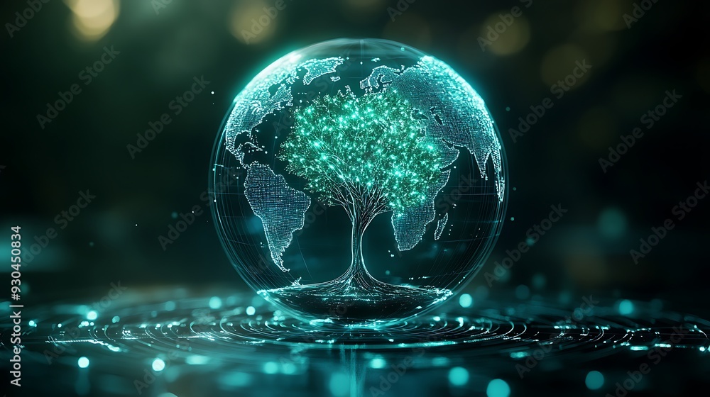 Poster a glowing tree-like structure encased in a sphere, representing the earth