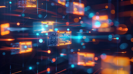 Abstract digital interface with neon orange and blue floating data screens in a virtual space. Concepts of technology, data visualization, and futuristic digital environments.