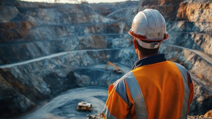 Fototapeta premium A Worker in a hard hat and safety gear surveying a mining site, focusing on safety and oversight in the industry.