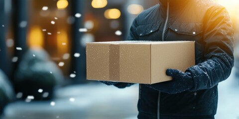 A person in winter gear holds a cardboard box in a snowy urban setting, capturing the essence of winter delivery.