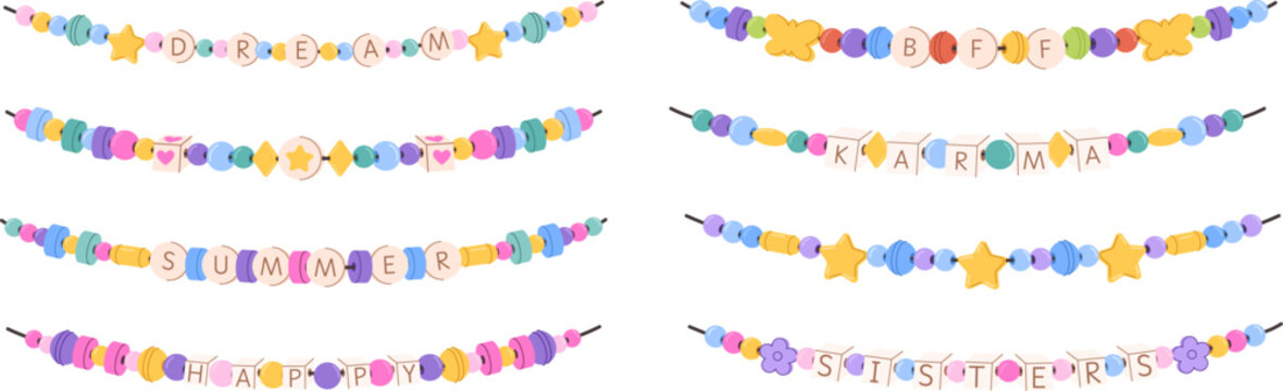 Colorful beaded friendship bracelets. Plastic beads DIY necklace or bracelet jewelry with Dream, BFF, Summer, Happy, Karma and Sisters words hand drawn vector set.