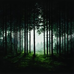 Obraz premium A serene forest scene shrouded in mist, showcasing tall trees and a tranquil atmosphere, perfect for nature lovers.