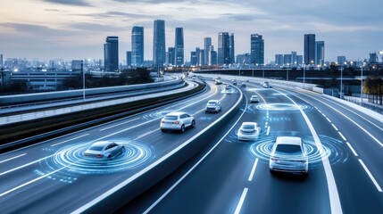 A highway illuminated by glowing lines represents data flow as vehicles travel through a smart city, demonstrating the integration of technology and transportation