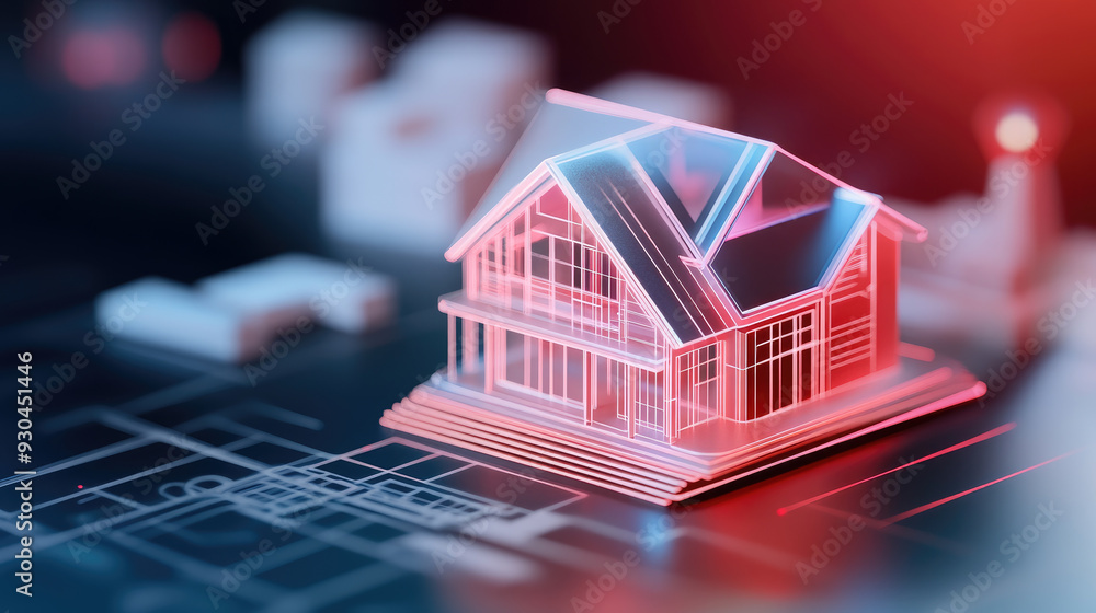 Poster 3d digital model of a modern house, showcasing architectural design elements, illuminated with vibra
