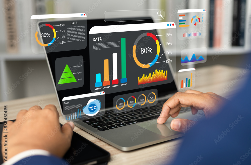 Poster Analyst utilizing technology and dashboard with charts data science and Big Data technology for business, Strategic data management system with KPI organization performance with technology and metrics