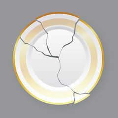 Broken white plate. Shattered food plate, cracked porcelain dish. Dishware with damage. Icon isolated on white background. Vector illustration