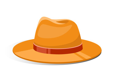 Hat and cap. Yellow panama for summer season and hot weather. Fashion, trend and style. Aesthetics and elegance. Poster or banner. Flat vector illustration isolated on white background
