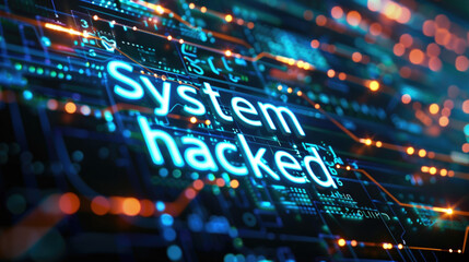 Glowing 'System Hacked' message overlaid on electronic circuit board background with neon lights. Concepts of cybersecurity breach, hacking, and digital threats.