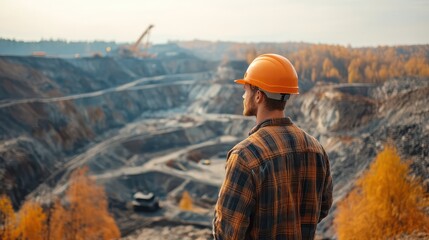 A Worker in a hard hat surveying the landscape of an open-pit mine, focusing on oversight and planning in mining.