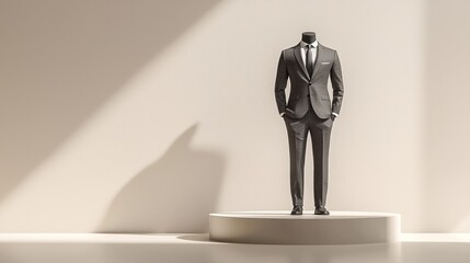 A high-resolution 3D mockup featuring a well-tailored suit on a faceless mannequin, standing on a contemporary podium. The image is isolated against a plain background, emphasizing the suit's quality