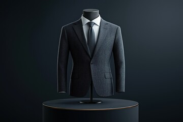 A professional 3D rendering of a modern suit on a mannequin, positioned on a stylish podium. The isolated background allows the suit's details, such as fabric texture and stitching, to stand out.