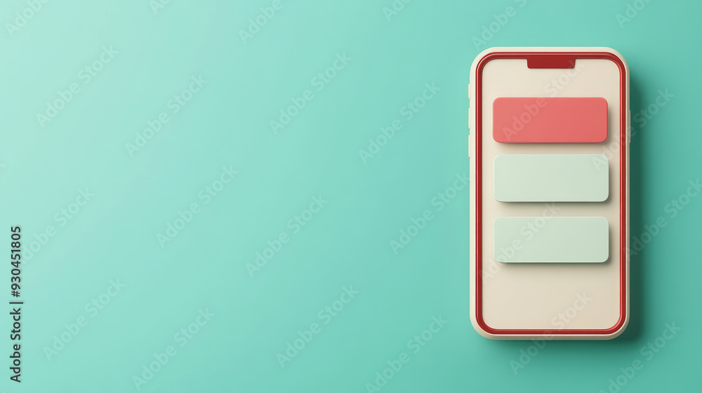 Poster smartphone display with minimalist buttons, vibrant coral and mint colors, simple user interface on 