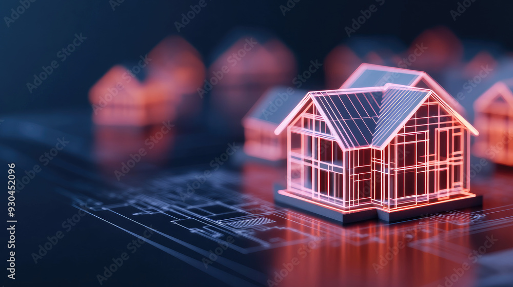 Poster digital architecture design, glowing house models on blueprints, showcasing innovative housing conce