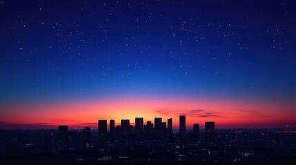 Silhouette of a city skyline against a vibrant sunset and starry night sky.