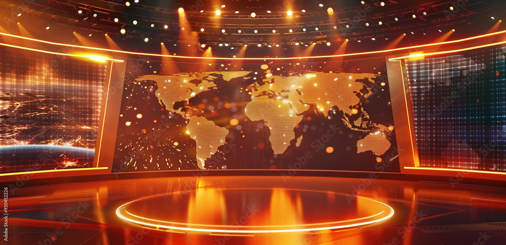 Poster illuminated digital world map on stage with vibrant lights and special effects. concepts of global c