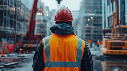 A Worker in a reflective vest directing a crane at a construction site, highlighting coordination and safety in heavy equipment operations.