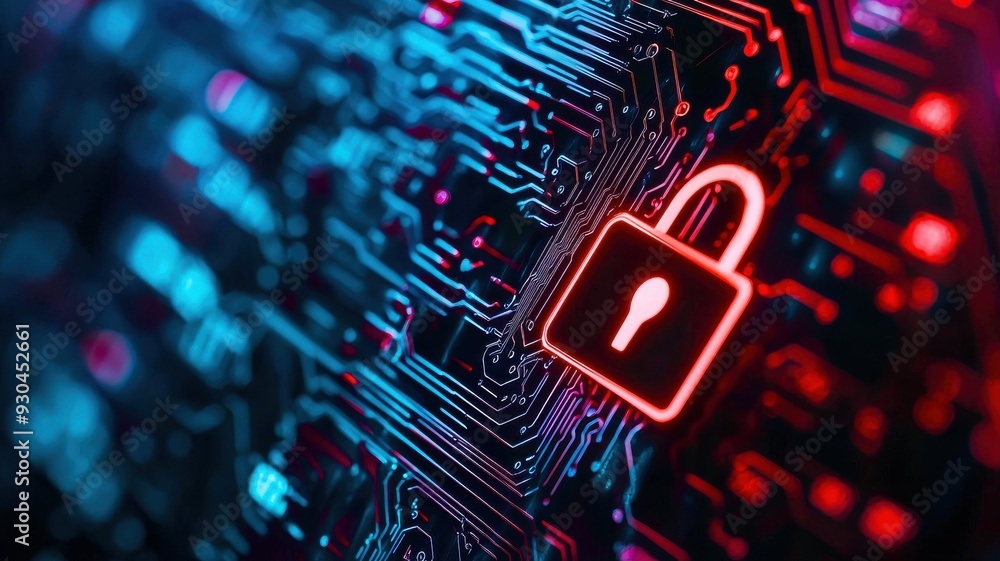 Poster a vibrant digital lock symbol on a circuit board, representing cybersecurity and data protection in 