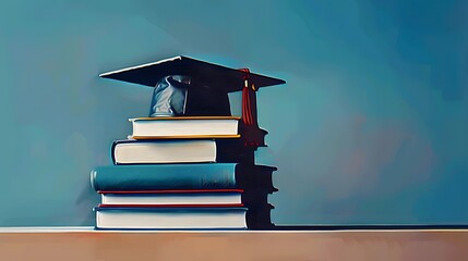 Graduation Cap on Stack of Books, Education Symbol, Digital Oil Painting Style, Blue Wall Background