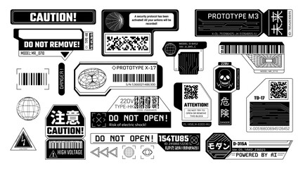 Cyberpunk black stickers. Futuristic warning labels and prototype tags with barcode. Cyber caution and attention digital error message signs vector set.