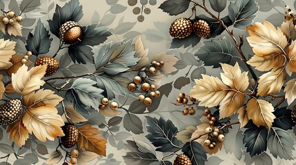 Vintage rustic seamless wallpaper featuring intricate illustrations of autumn leaves, acorns, and berries, set against a warm, golden background, hand-drawn style, natural lighting, cozy autumn feel,