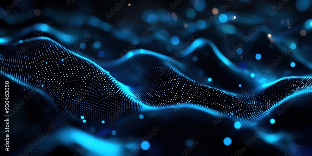 Poster abstract blue wave pattern with glowing particles, representing technology and digital innovation in