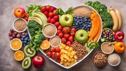 Heart-Shaped Healthy Plate: A vibrant and inviting heart-shaped plate overflowing with a diverse array of nutritious foods, symbolizing the importance of balanced nutrition for a healthy lifestyle.  