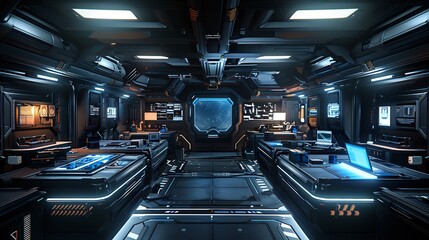 Fototapeta premium Futuristic Spaceship Interior with Control Panels and Viewport