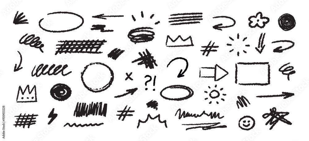 Aufkleber Collection of hand drawn simple decorative elements. Doodle shapes and squiggles in grunge style.