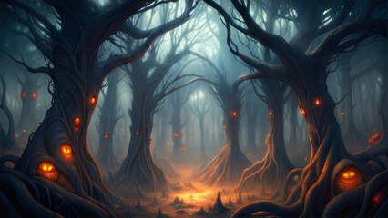 Abstract Dark Forest Background with Twisted Black Trees and Glowing Orange Eyes, Eerie and Mysterious Halloween Theme