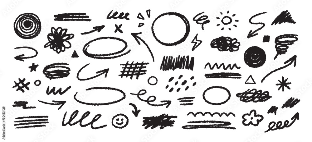 Poster collection of hand drawn simple decorative elements. doodle shapes and squiggles in grunge style.