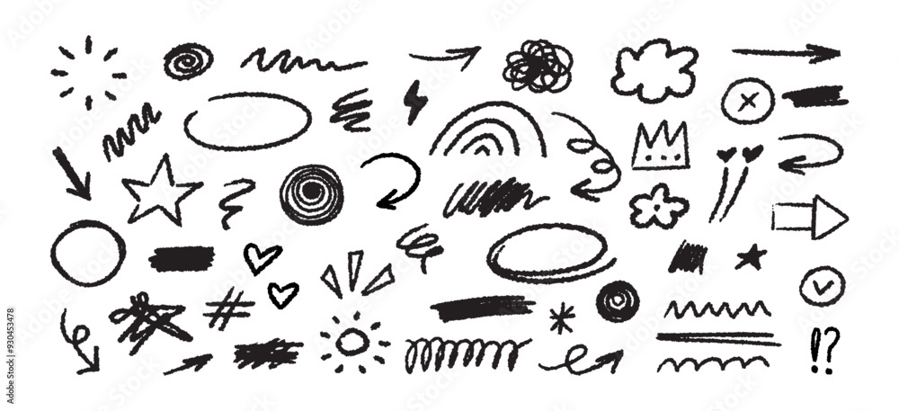 Poster collection of hand drawn simple decorative elements. doodle shapes and squiggles in grunge style.