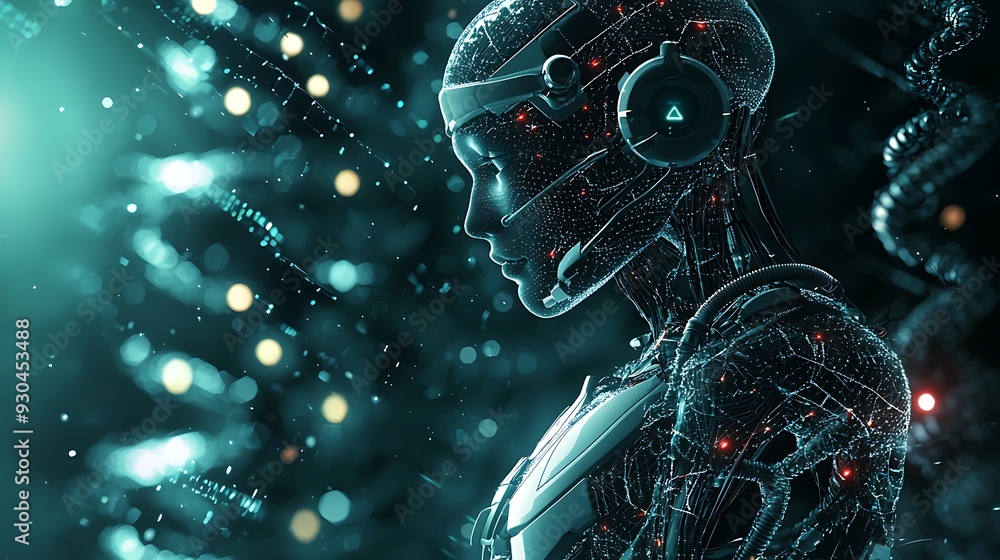 Poster biotechnology in human-machine interfaces, showcasing the integration of biological components with 