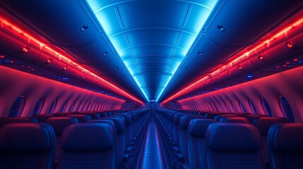 Fototapeta premium Modern and futuristic airplane cabin interior illuminated by ambient blue and red LED lights.