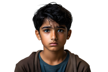 Upset depressed misunderstood stressed sad Indian teenager on studio background. Worried boy suffer from bullying at school, unrequited love or war. Social economic psychological age problems concept