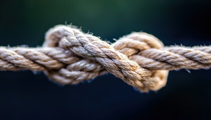 Close-up of a strong woven knot on natural rope, symbolizing durability and craftsmanship against a blurred green background.