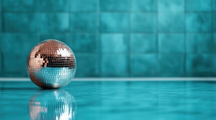 A shiny disco ball placed on the edge of a tranquil blue pool, reflecting light on a rippled water...