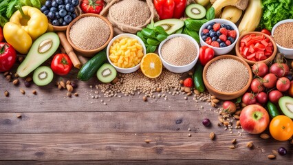 Vibrant Bowl of Goodness: A colorful array of fresh fruits, vegetables, and nutritious grains form a delectable and healthy spread. Perfect for showcasing healthy eating, nutrition.