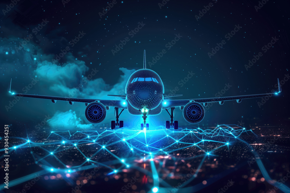 Poster futuristic airplane on a networked runway in a night sky with digital connections. concepts of techn