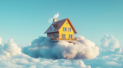 A cozy house perched on a fluffy white cloud, floating high in the sky, surrounded by a serene blue background.