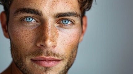 Obraz premium Closeup portrait of a handsome white man fashion model with natural makeup and skincare. Beauty & skin products, Copy space