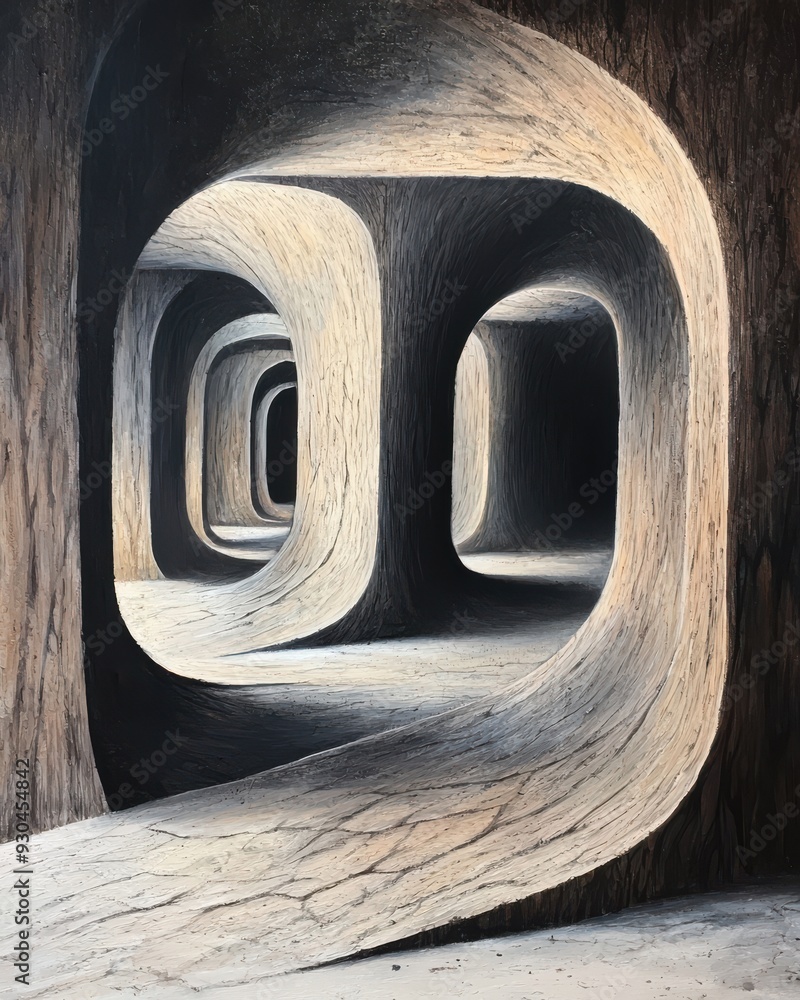 Poster intricate art of abstract corridors with curved shapes, exploring light and shadows in a surreal, ca