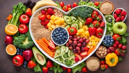 A vibrant, colorful array of fresh fruits, vegetables, and grains arranged in a heart shape, promoting healthy eating and well-being.